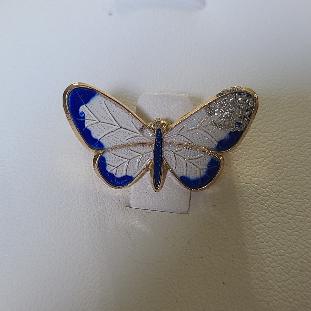 Vintage Small Blue And White Butterfly Enamel Brooch Gold Toned Pin Glitter Dip - Picture 3 of 5